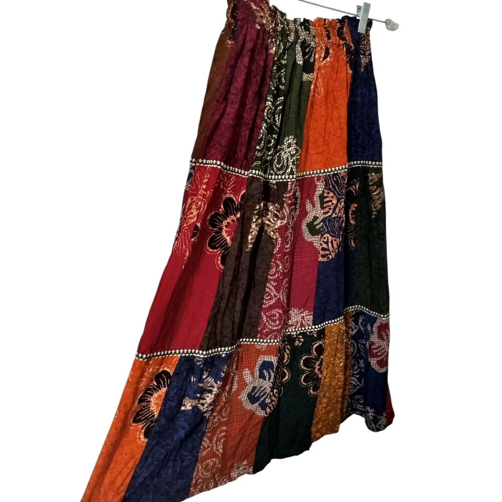 SK 147)Multicolor Batik Print Patchwork Tiered Pullon Long Skirt One Size (S/M) - Picture 2 of 6